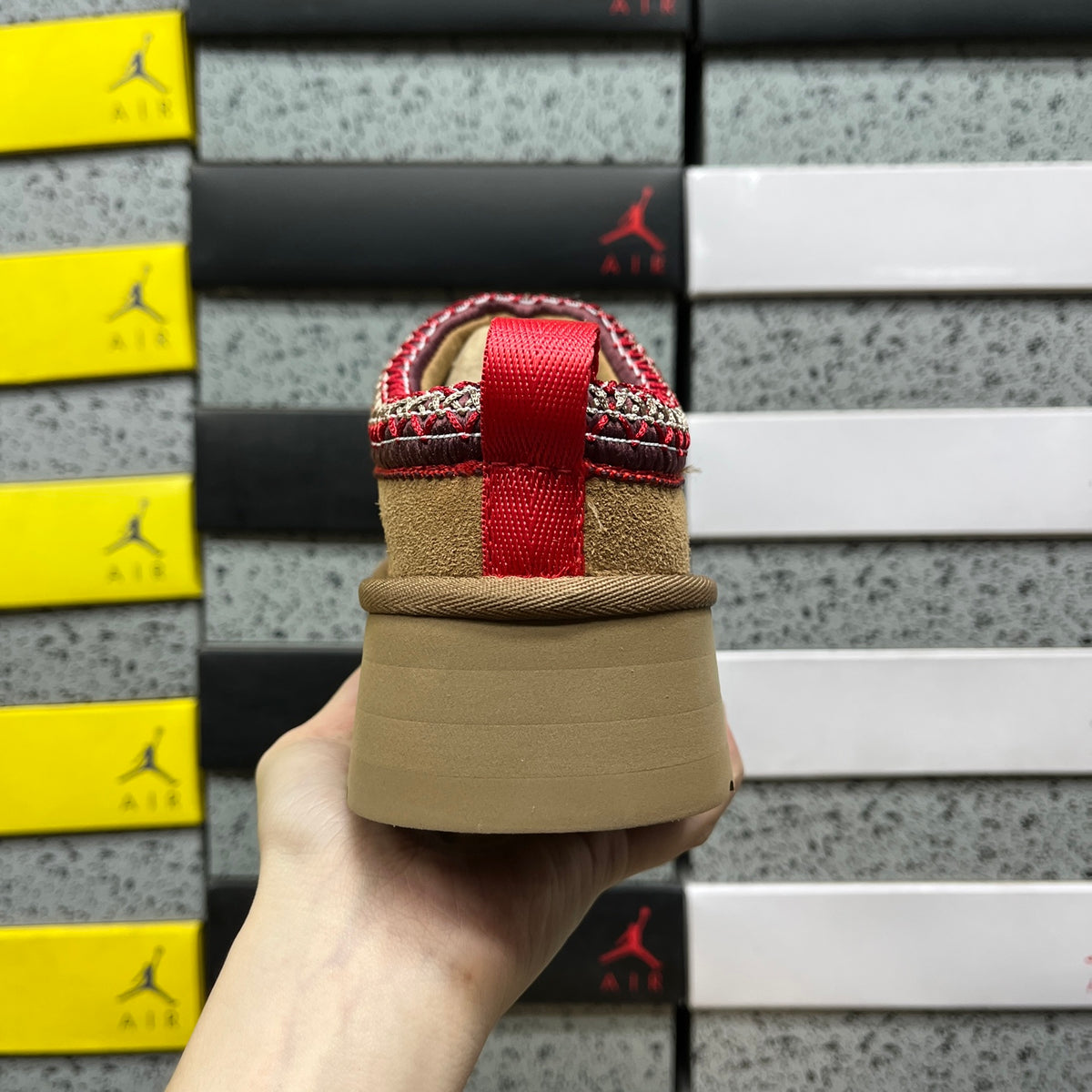 UGG Chestnut Platform Slippers with Red Woven Trim