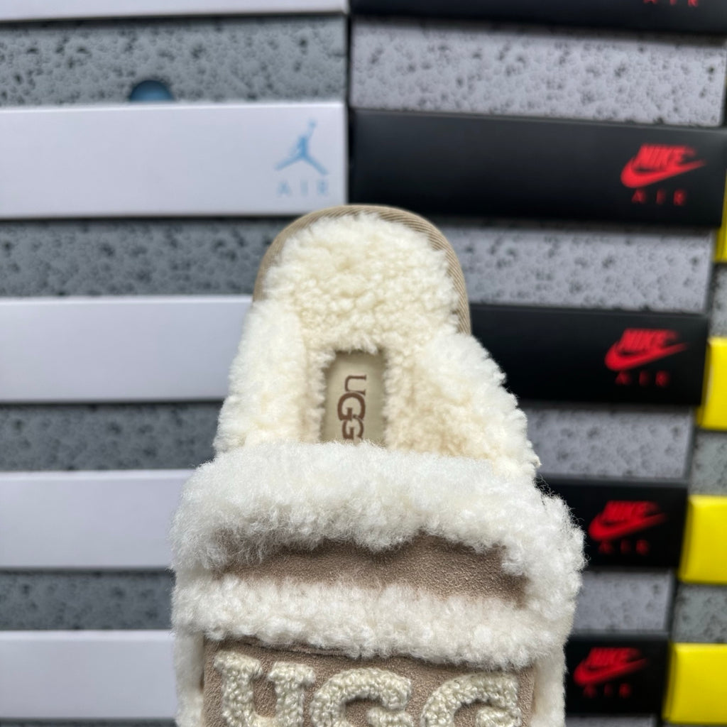 UGG Khaki Embroidered Slippers with Cream Plush Trim