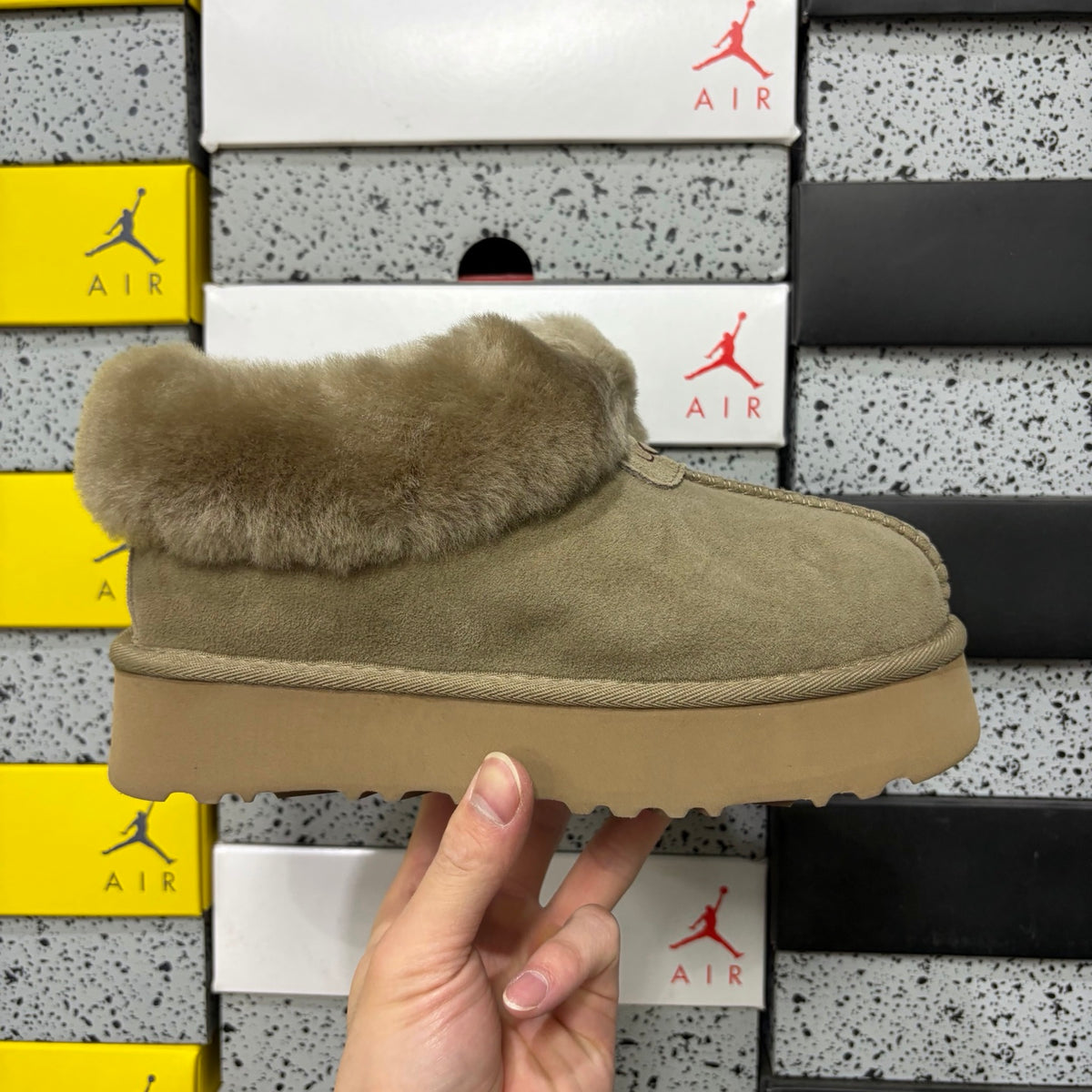 UGG Antelope Brown Platform Slip-Ons with Plush Collar
