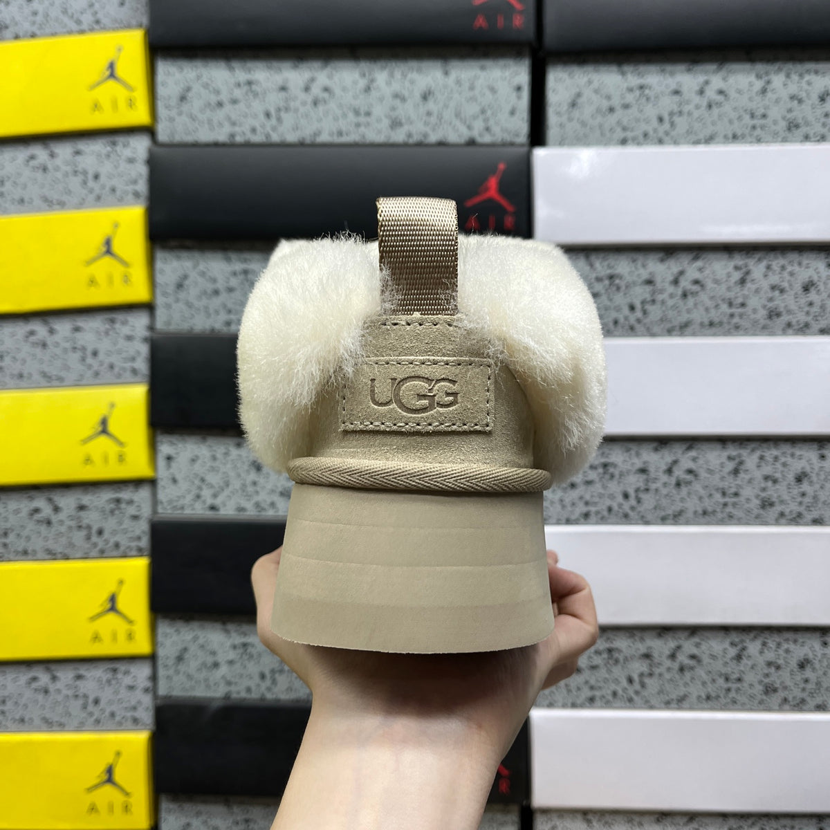 UGG Sand Platform Slip-Ons with Cream Plush Collar