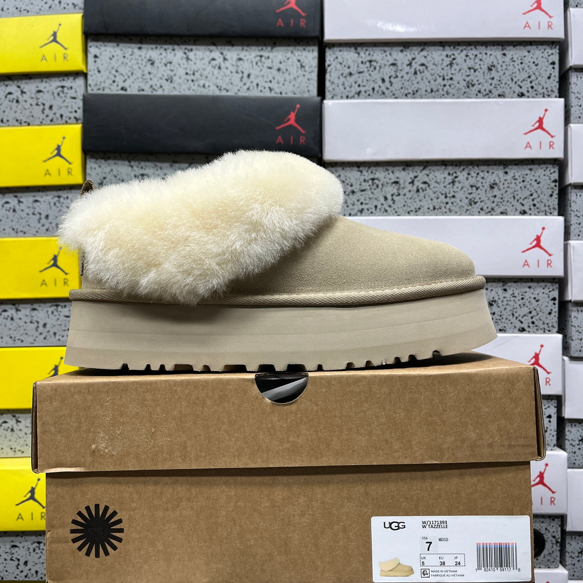 UGG Sand Platform Slip-Ons with Cream Plush Collar
