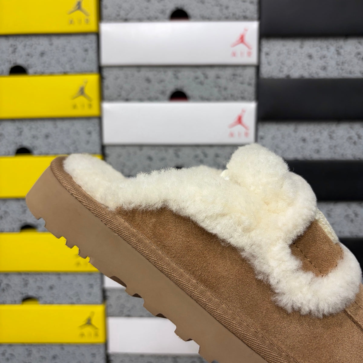 UGG Chestnut Embroidered Slippers with Cream Plush Trim