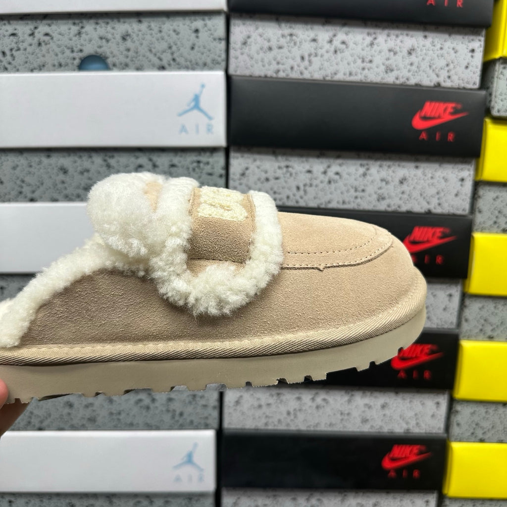 UGG Khaki Embroidered Slippers with Cream Plush Trim