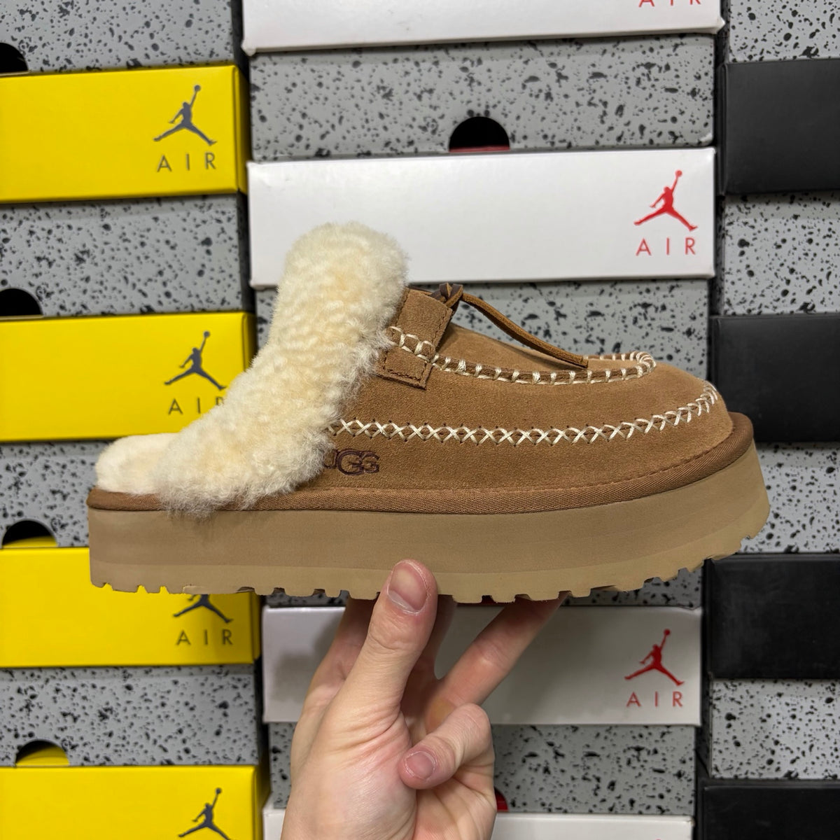 UGG Chestnut Platform Slippers with Cream Plush Collar