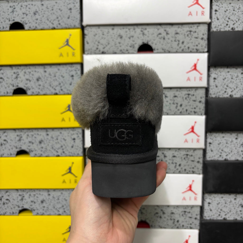 UGG Black Platform Slip-Ons with Gray Plush Collar