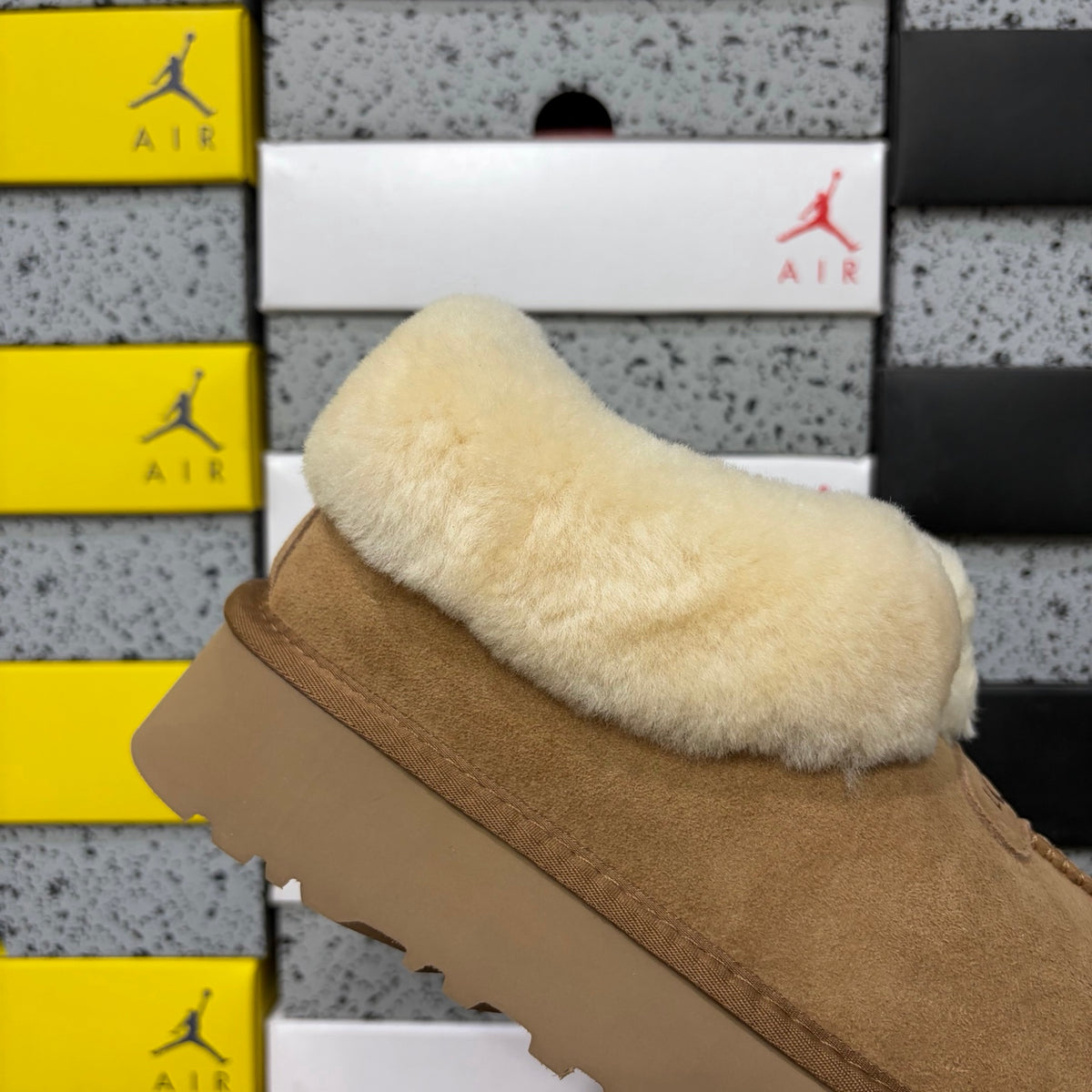 UGG Chestnut Platform Slip-Ons with Cream Plush Collar