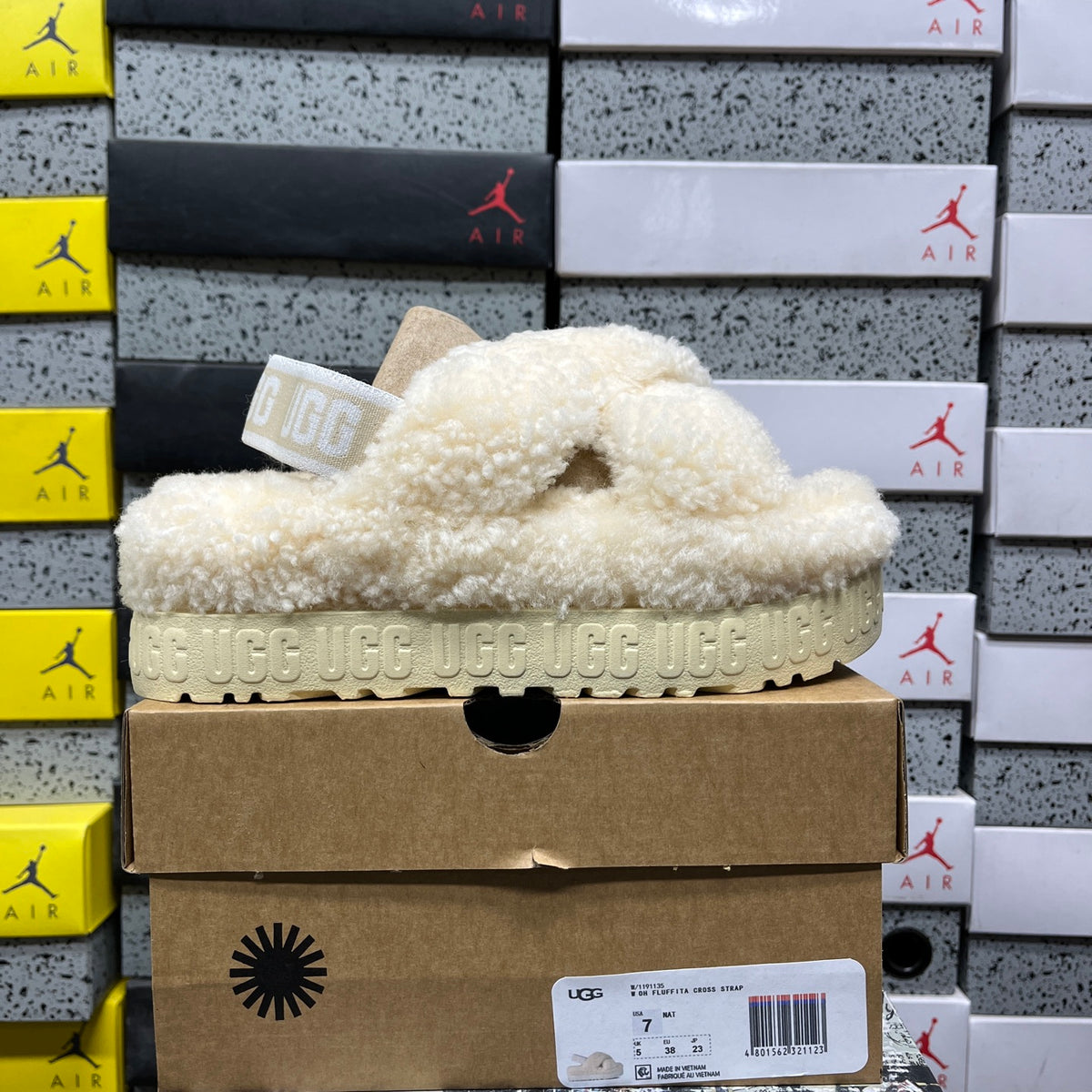 UGG Beige Plush Cross-Strap Platform Sandals