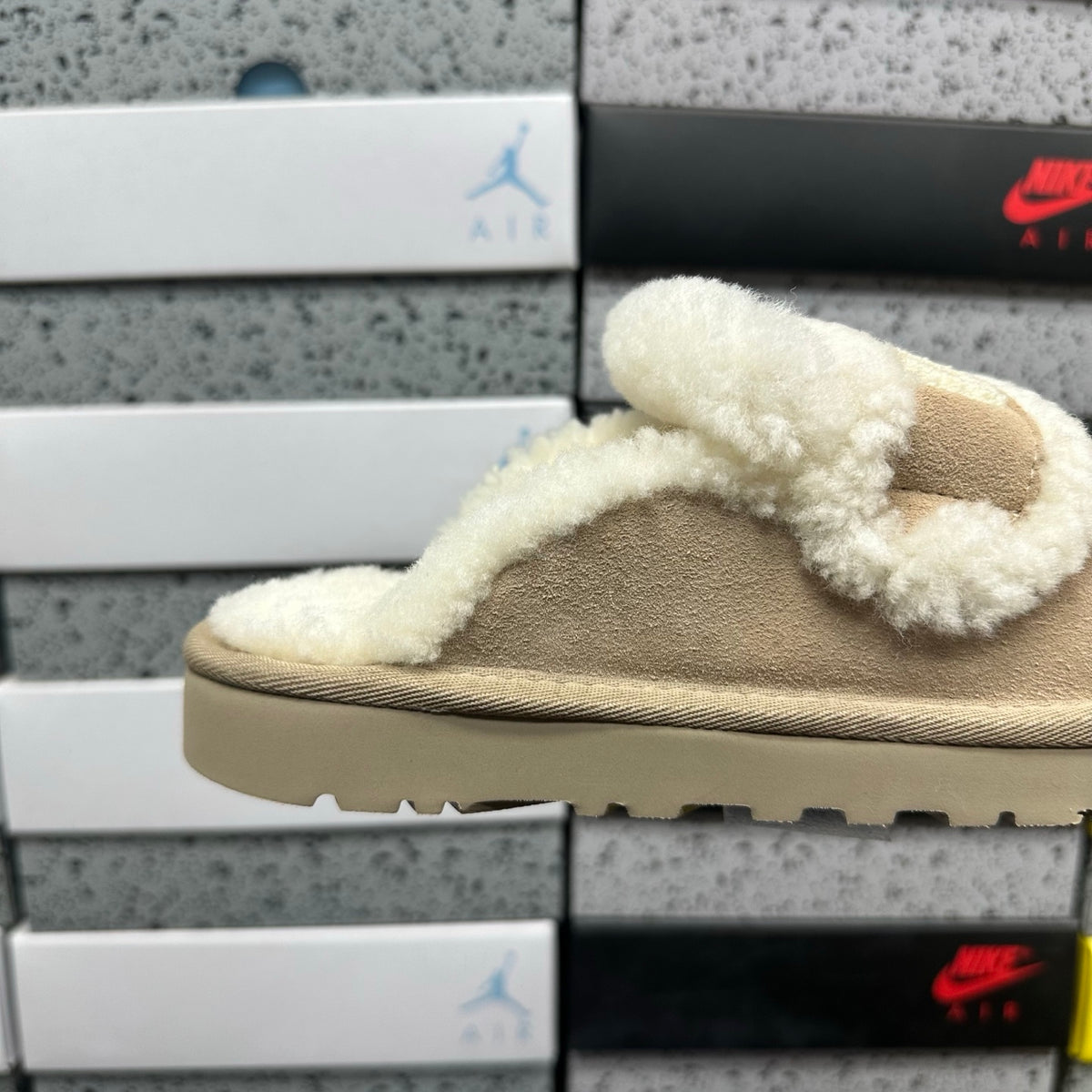 UGG Khaki Embroidered Slippers with Cream Plush Trim