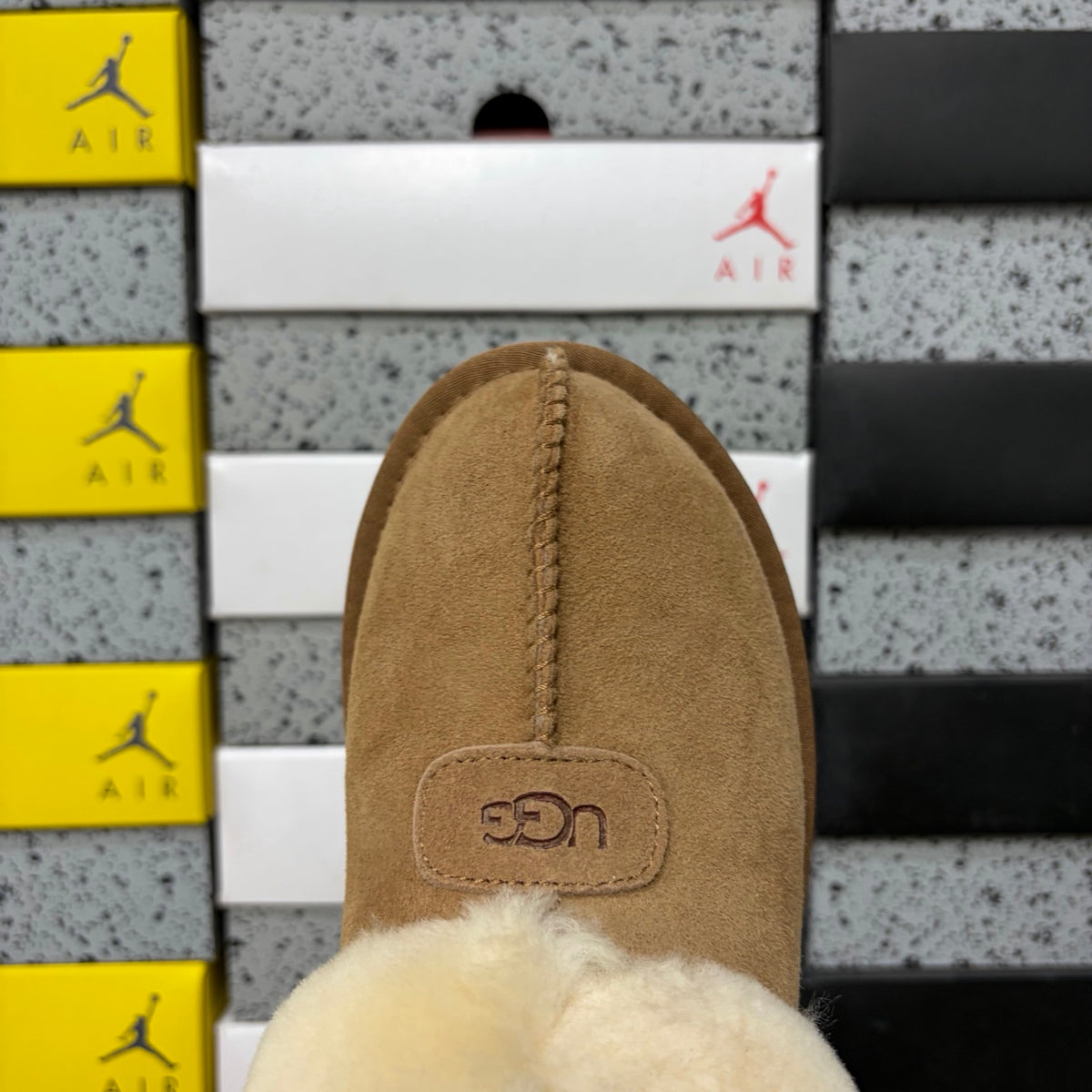 UGG Chestnut Platform Slip-Ons with Cream Plush Collar