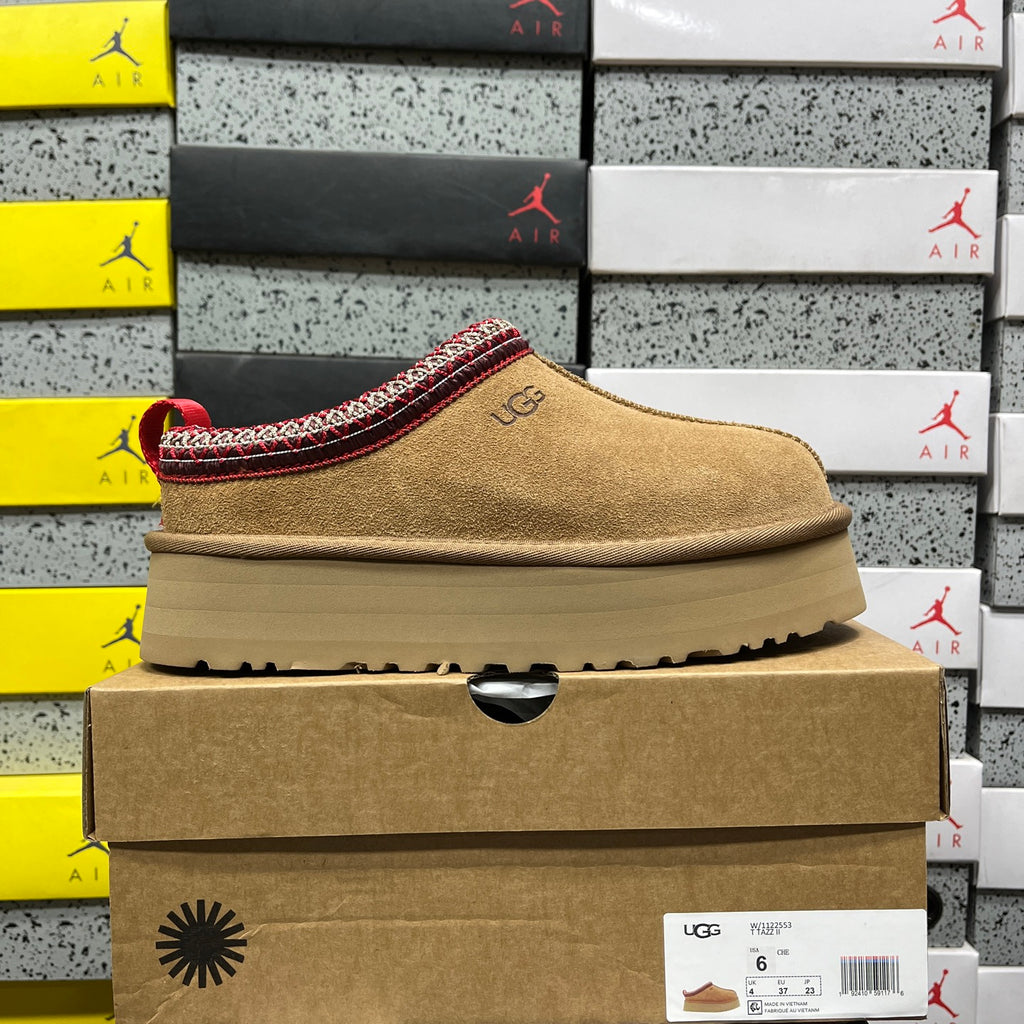 UGG Chestnut Platform Slippers with Red Woven Trim