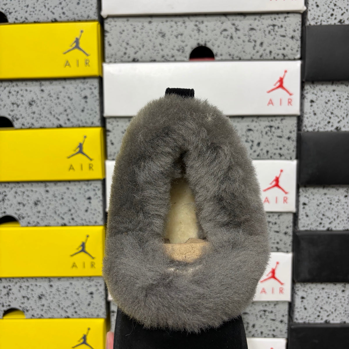 UGG Black Platform Slip-Ons with Gray Plush Collar