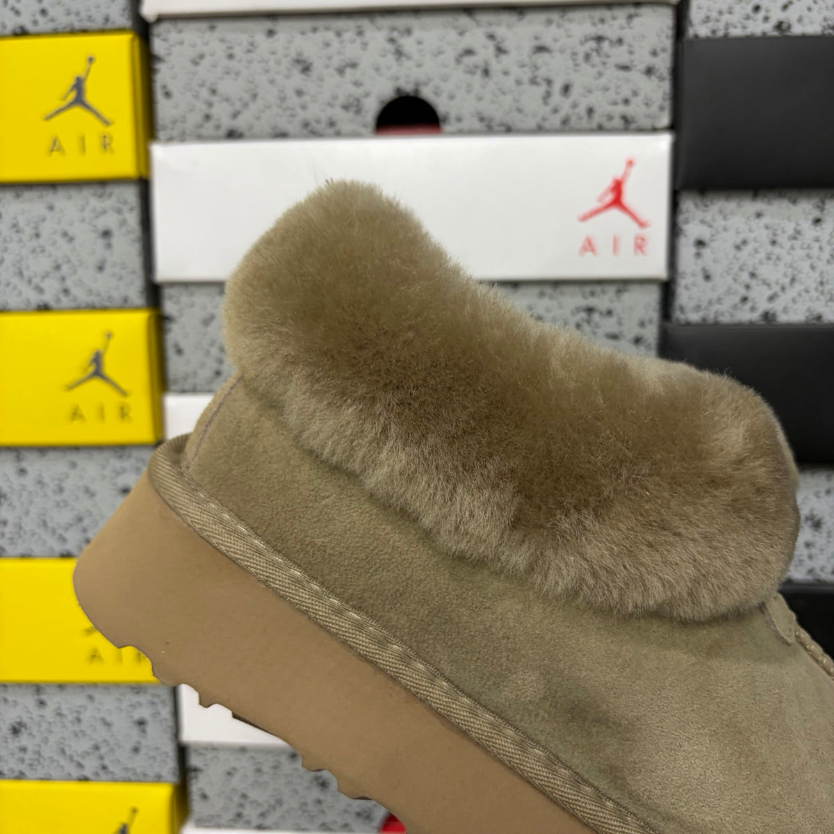 UGG Antelope Brown Platform Slip-Ons with Plush Collar