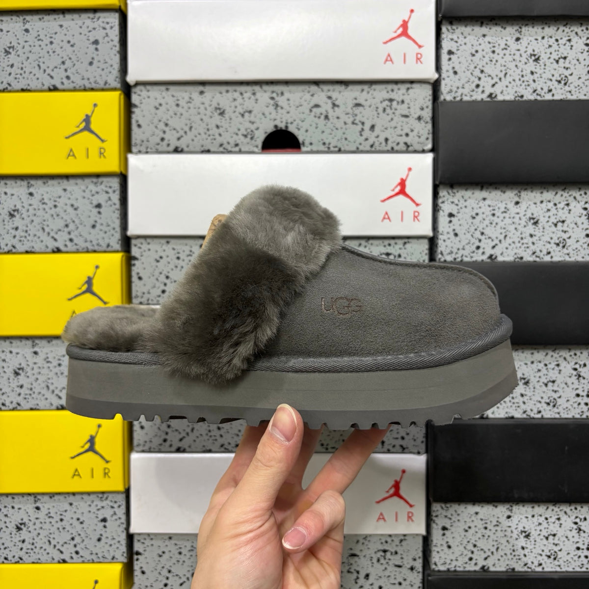 UGG Gray Platform Slippers with Plush Collar