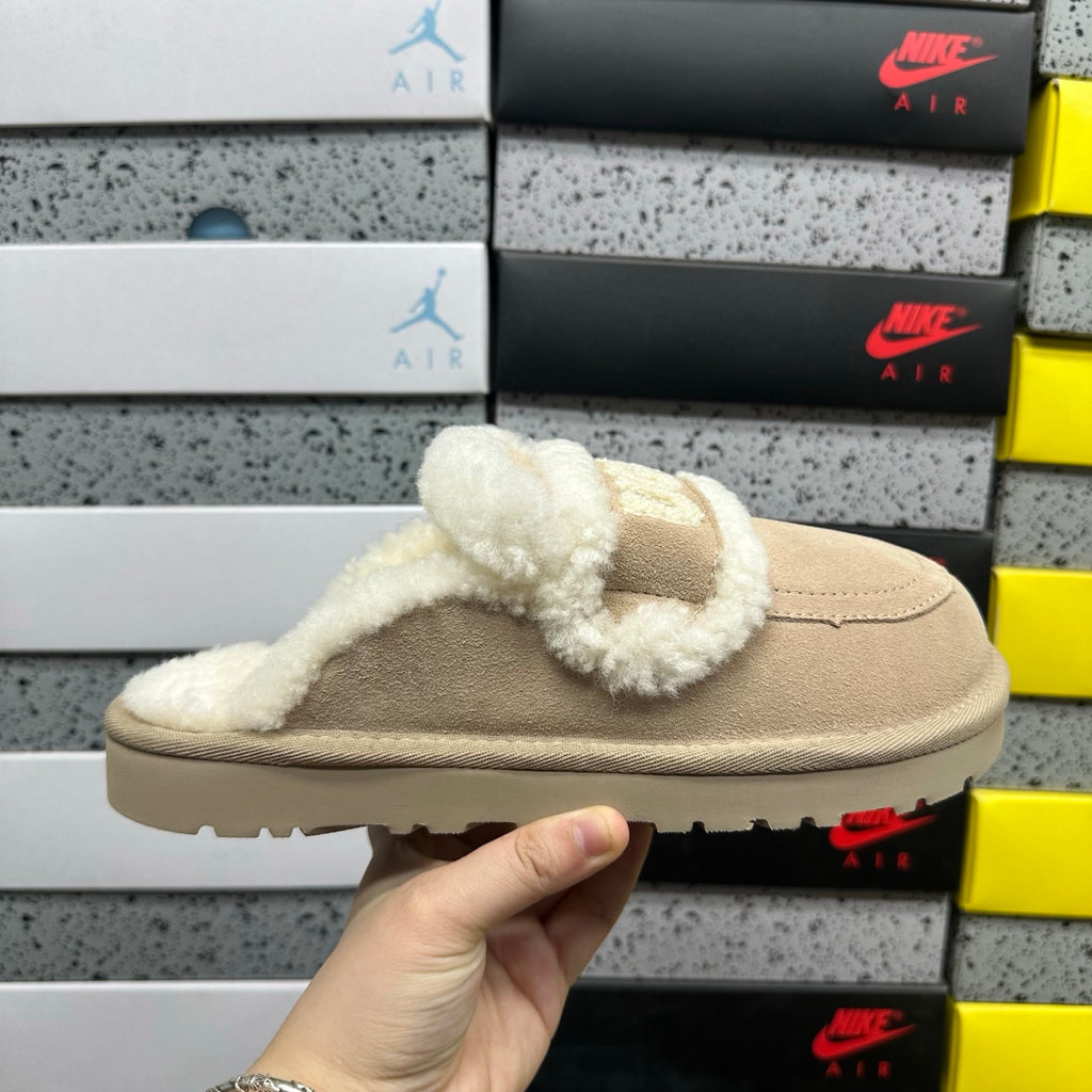 UGG Khaki Embroidered Slippers with Cream Plush Trim