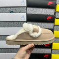 UGG Khaki Embroidered Slippers with Cream Plush Trim
