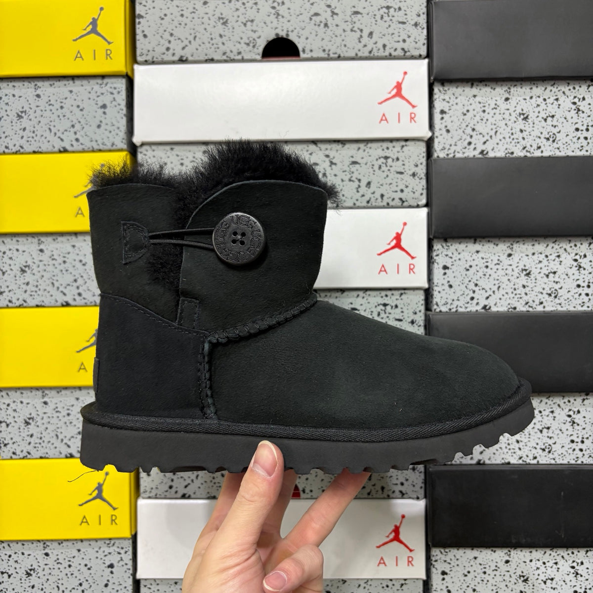 UGG Black Button Boots with Plush Trim