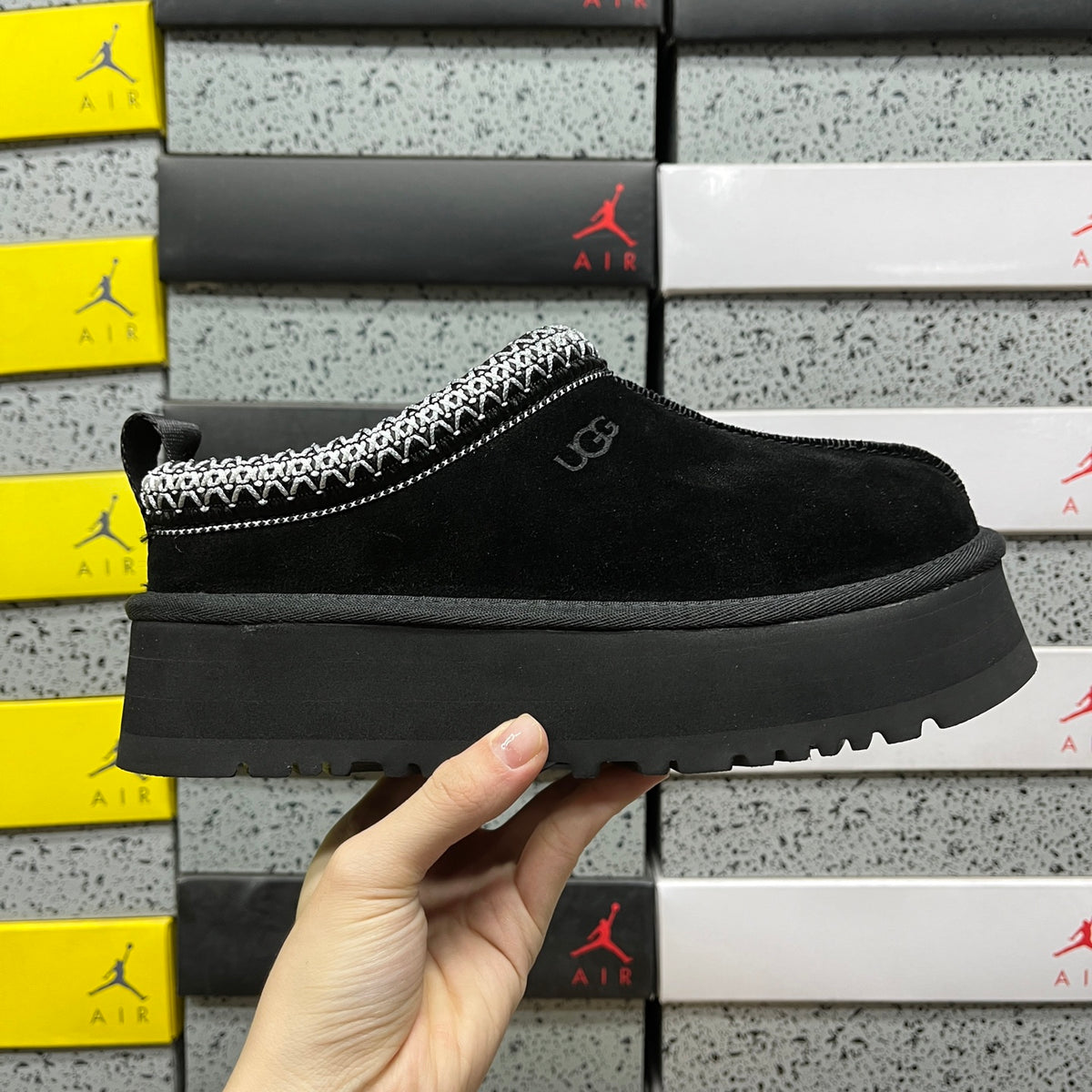 UGG Black Platform Slippers with Contrast Woven Trim