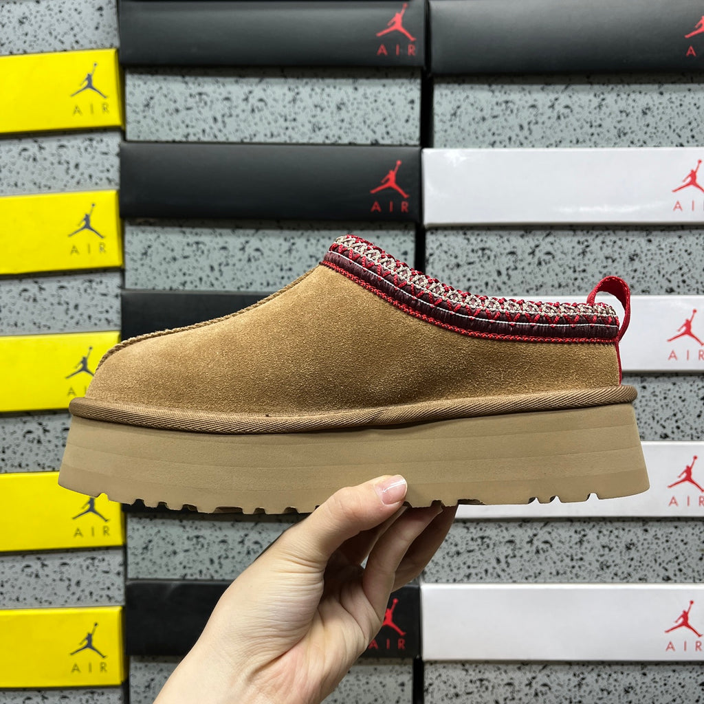 UGG Chestnut Platform Slippers with Red Woven Trim
