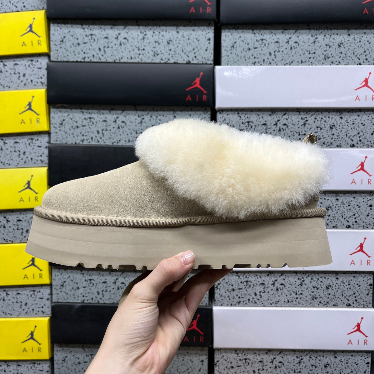 UGG Sand Platform Slip-Ons with Cream Plush Collar