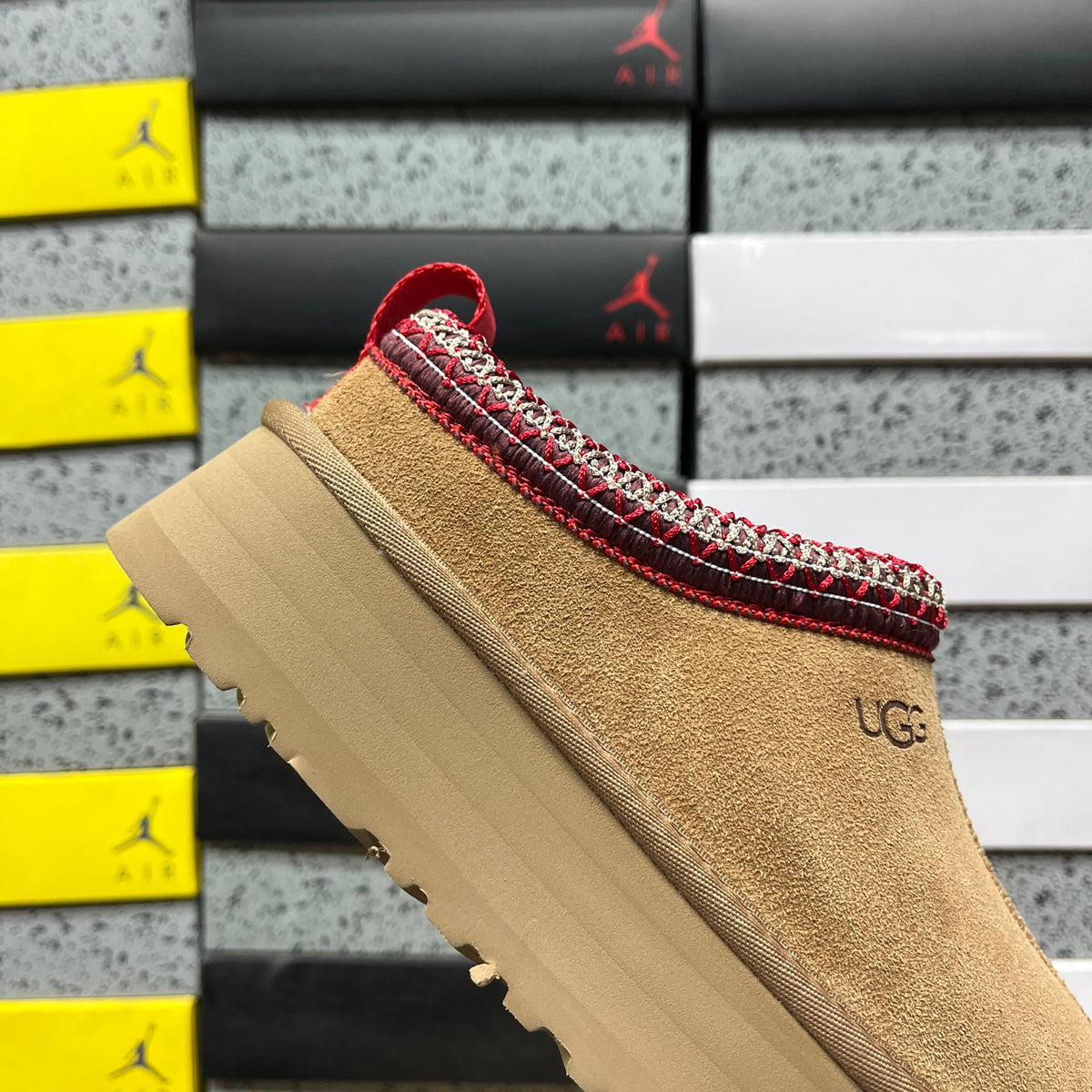 UGG Chestnut Platform Slippers with Red Woven Trim