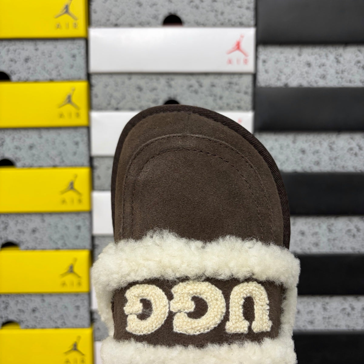 UGG Chocolate Embroidered Slippers with Cream Plush Trim