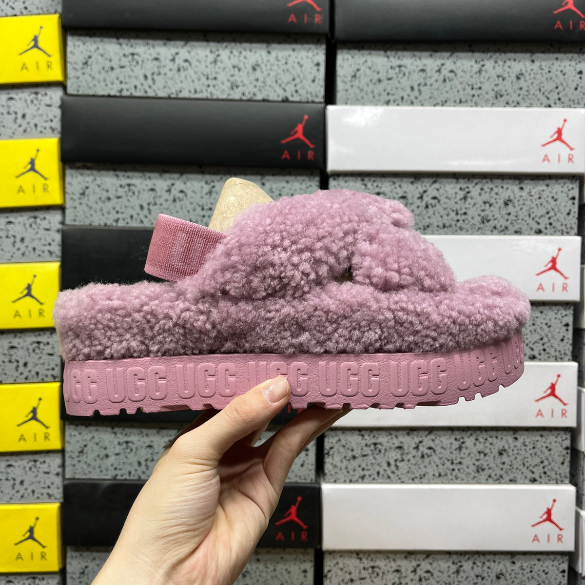 UGG Gray-Purple Plush Cross-Strap Platform Sandals