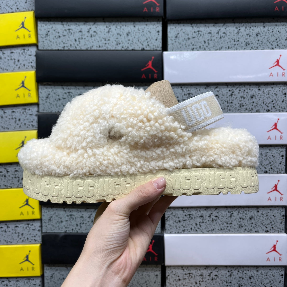 UGG Beige Plush Cross-Strap Platform Sandals