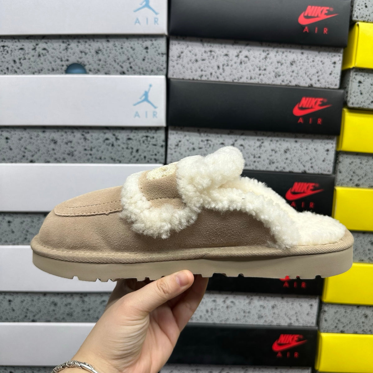 UGG Khaki Embroidered Slippers with Cream Plush Trim