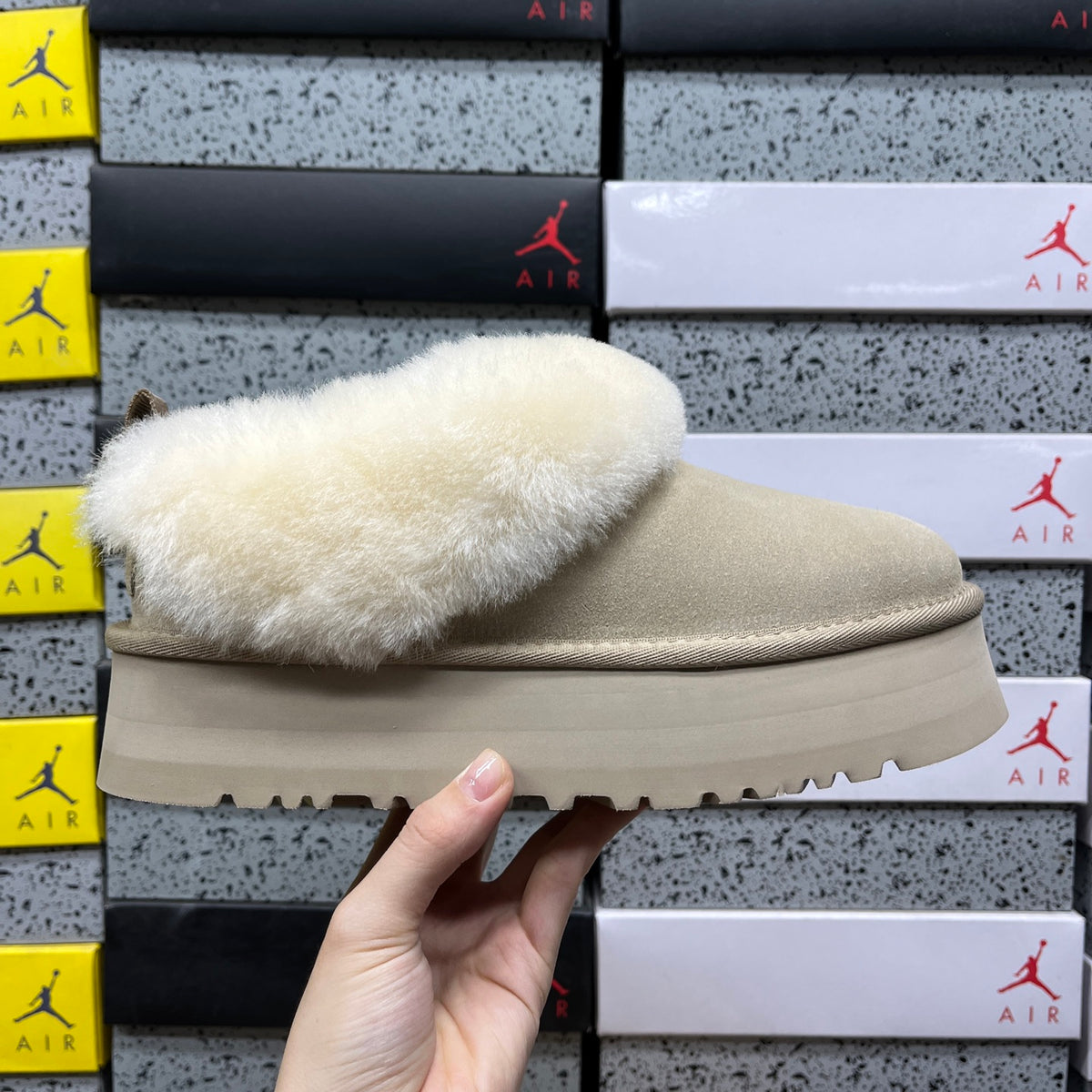 UGG Sand Platform Slip-Ons with Cream Plush Collar
