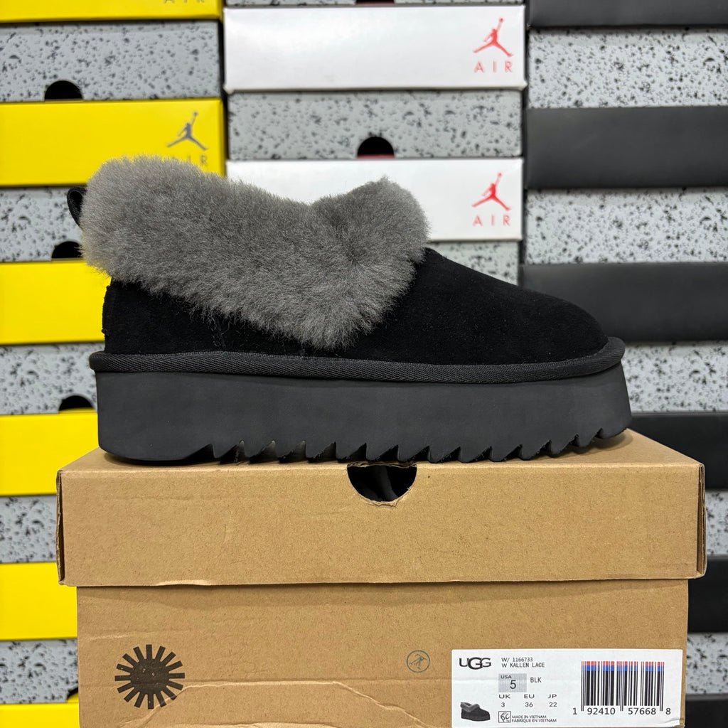 UGG Black Platform Slip-Ons with Gray Plush Collar