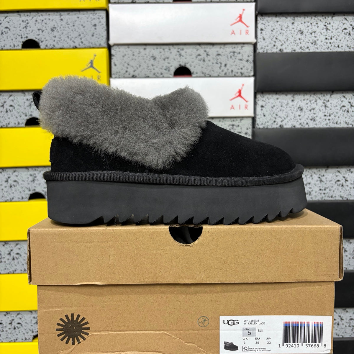 UGG Black Platform Slip-Ons with Gray Plush Collar