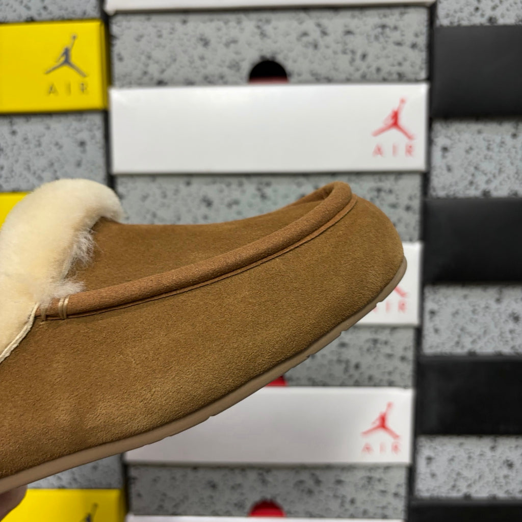 UGG Chestnut Moccasin Slippers with Cream Plush Collar