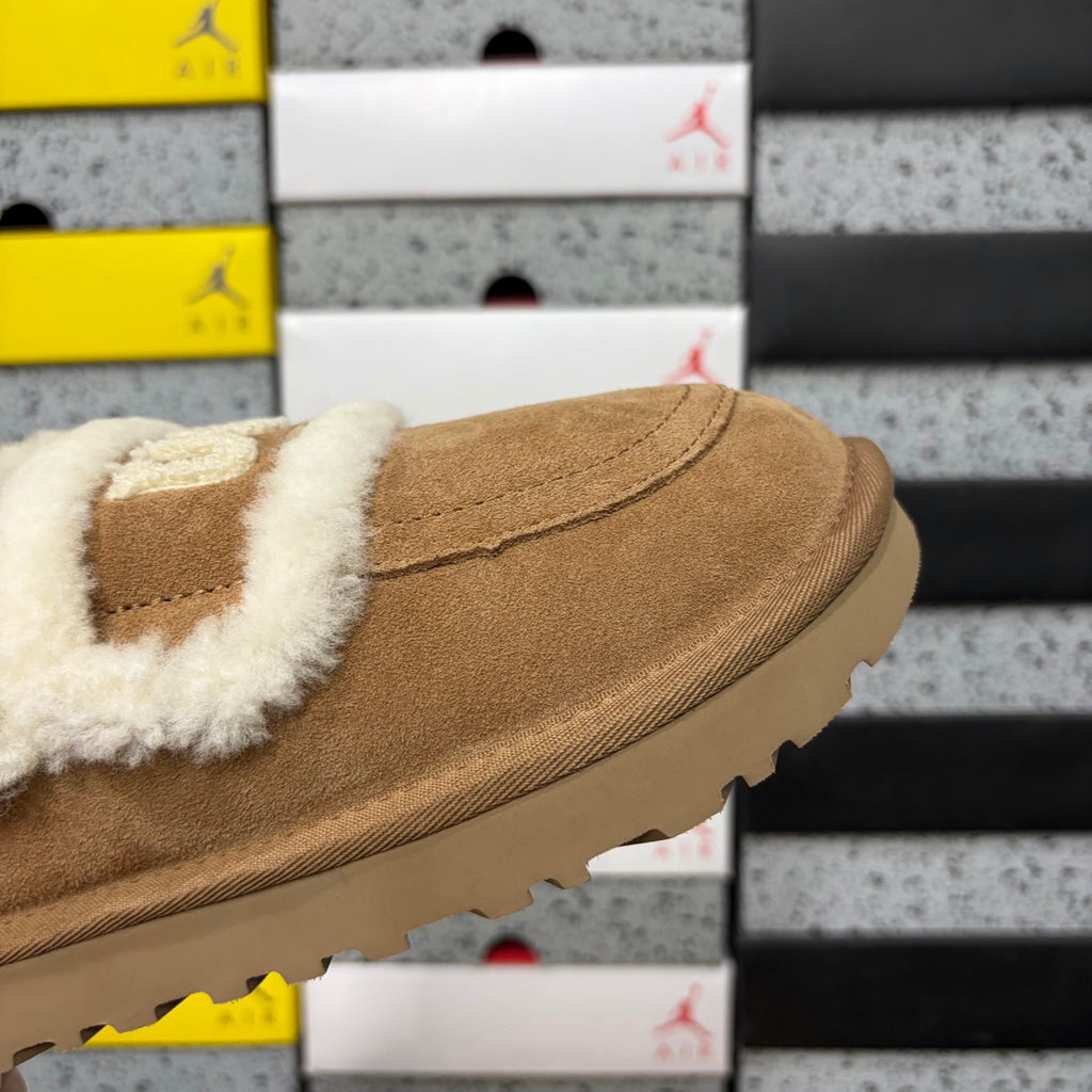 UGG Chestnut Embroidered Slippers with Cream Plush Trim