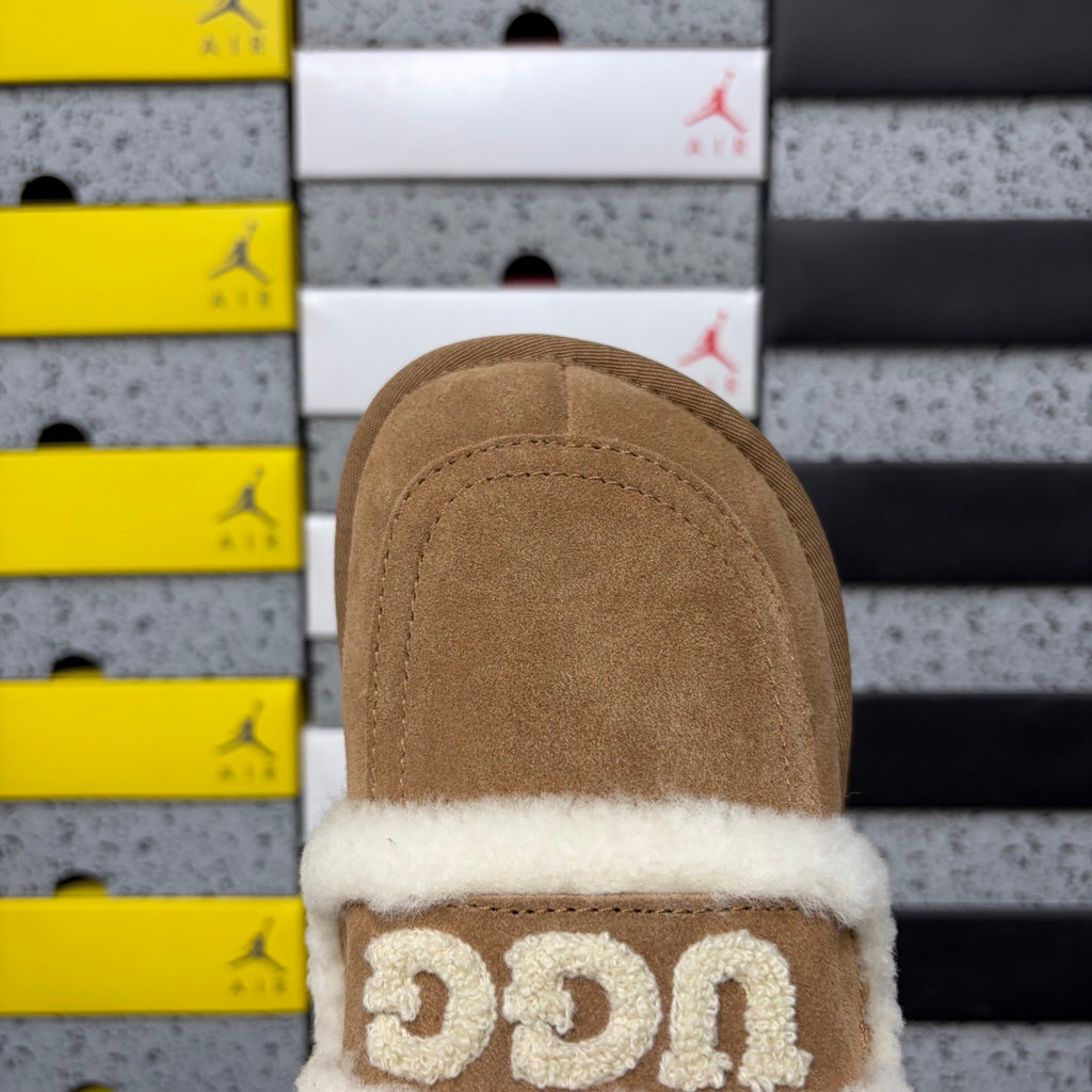 UGG Chestnut Embroidered Slippers with Cream Plush Trim
