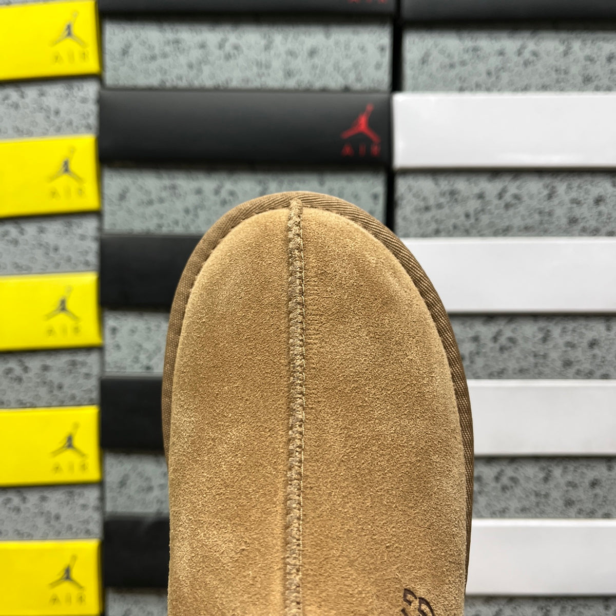 UGG Chestnut Platform Slippers with Red Woven Trim