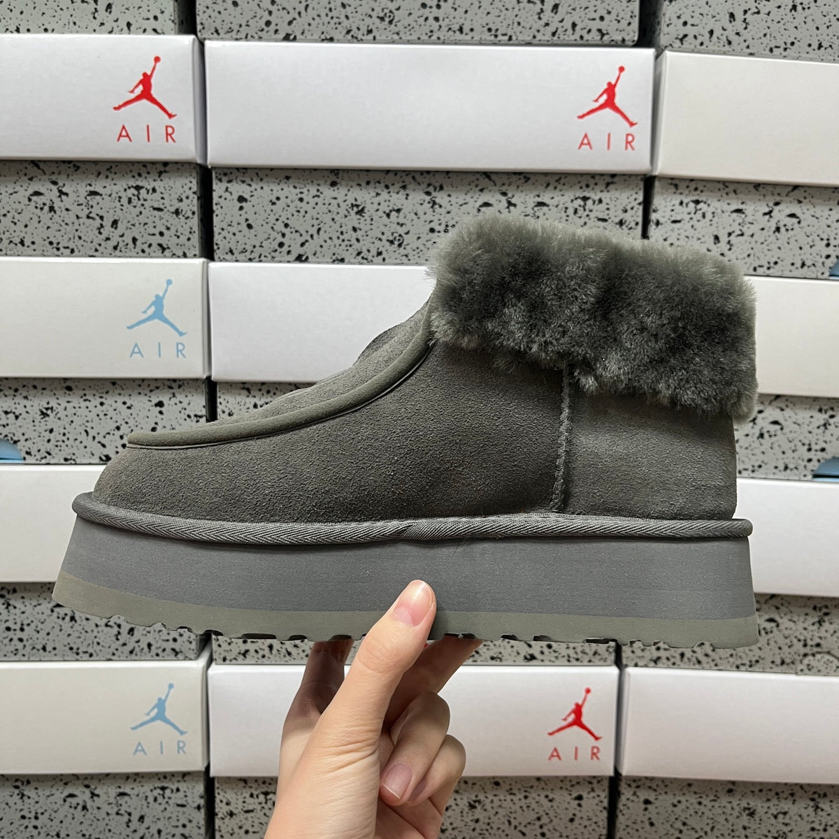 UGG Gray Platform Ankle Boots with Plush Cuff