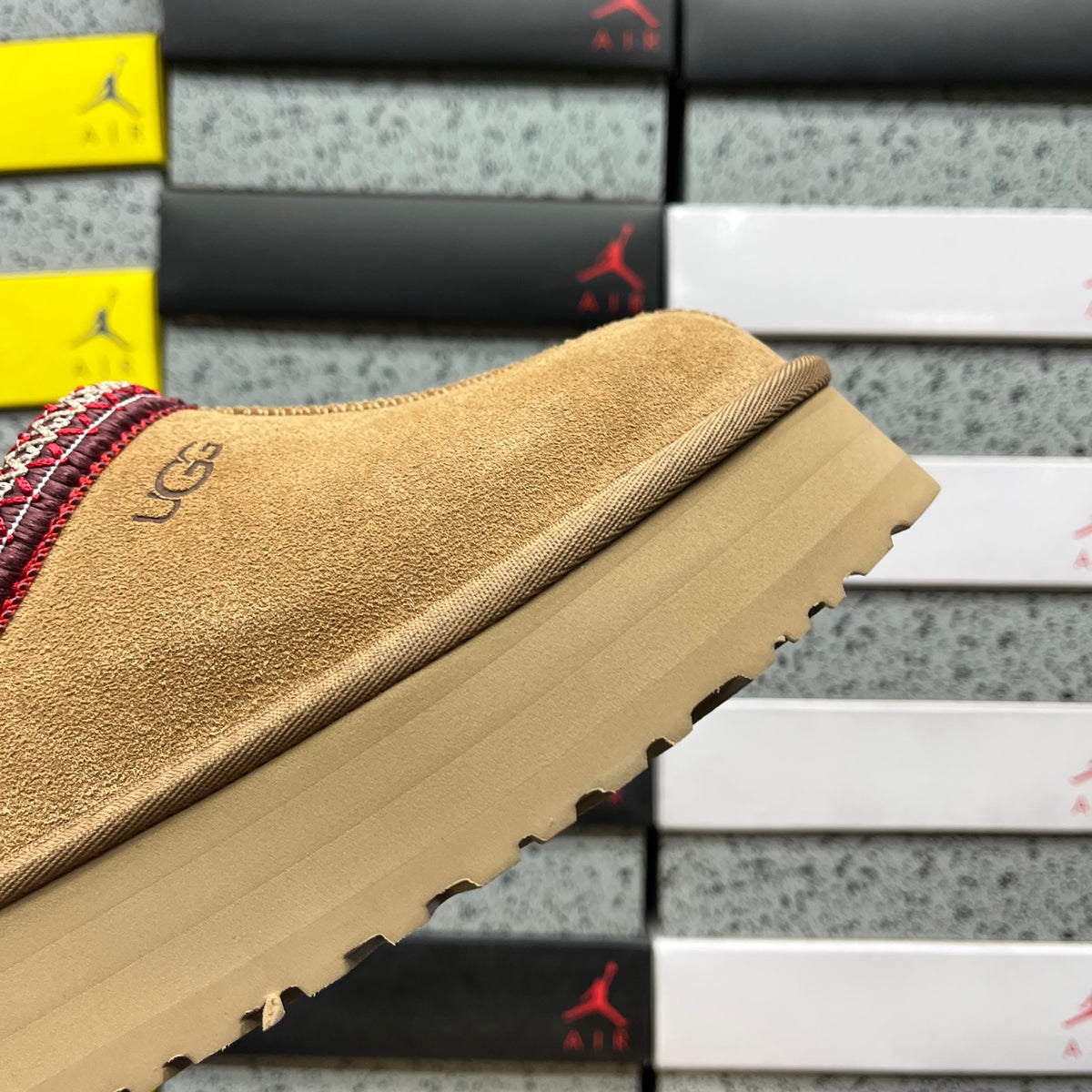 UGG Chestnut Platform Slippers with Red Woven Trim