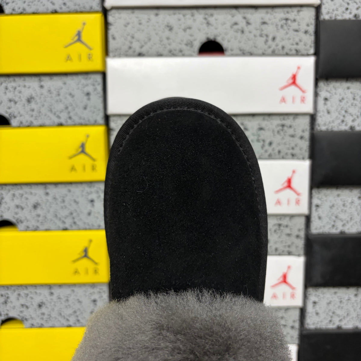 UGG Black Platform Slip-Ons with Gray Plush Collar