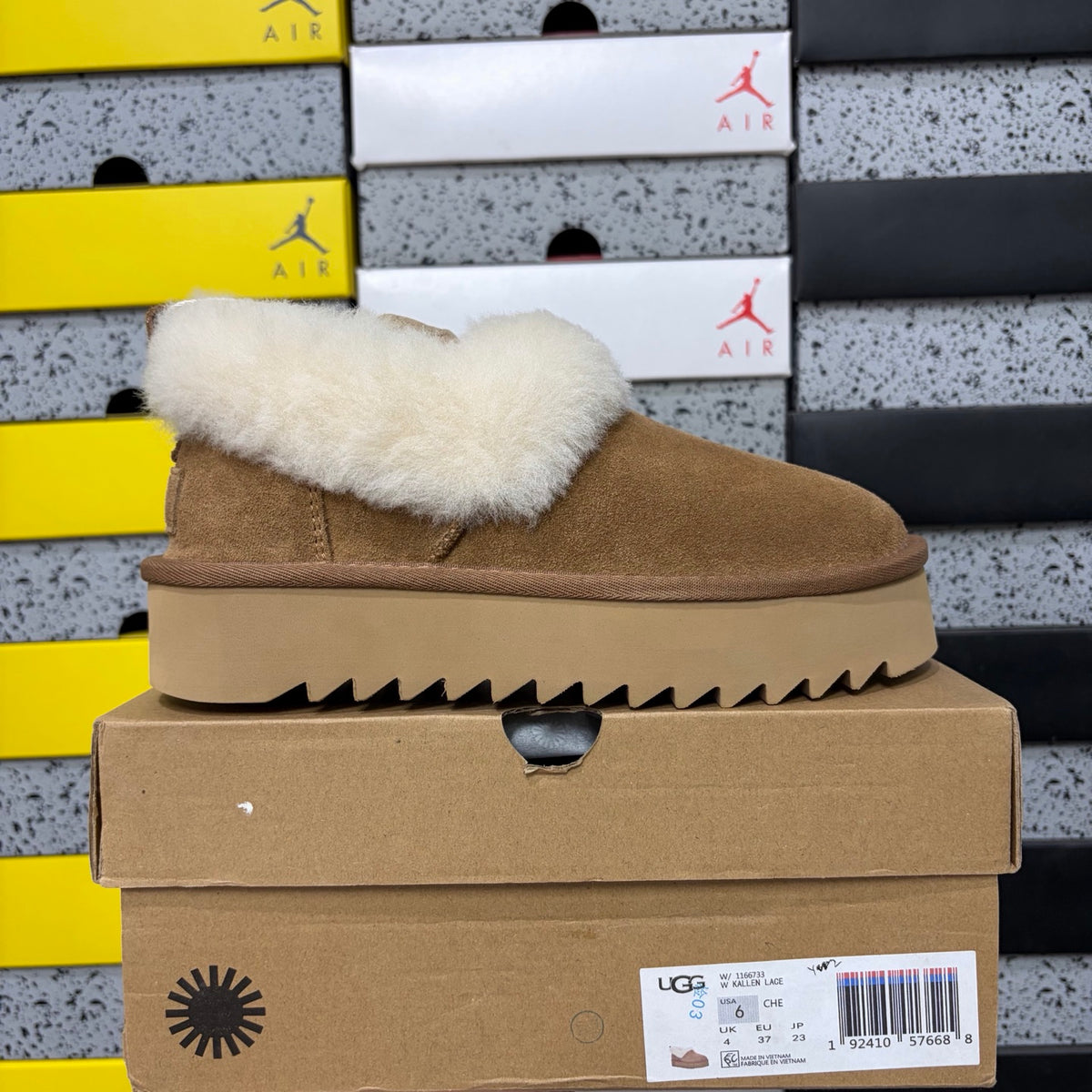 UGG Chestnut Platform Slip-Ons with Cream Plush Collar