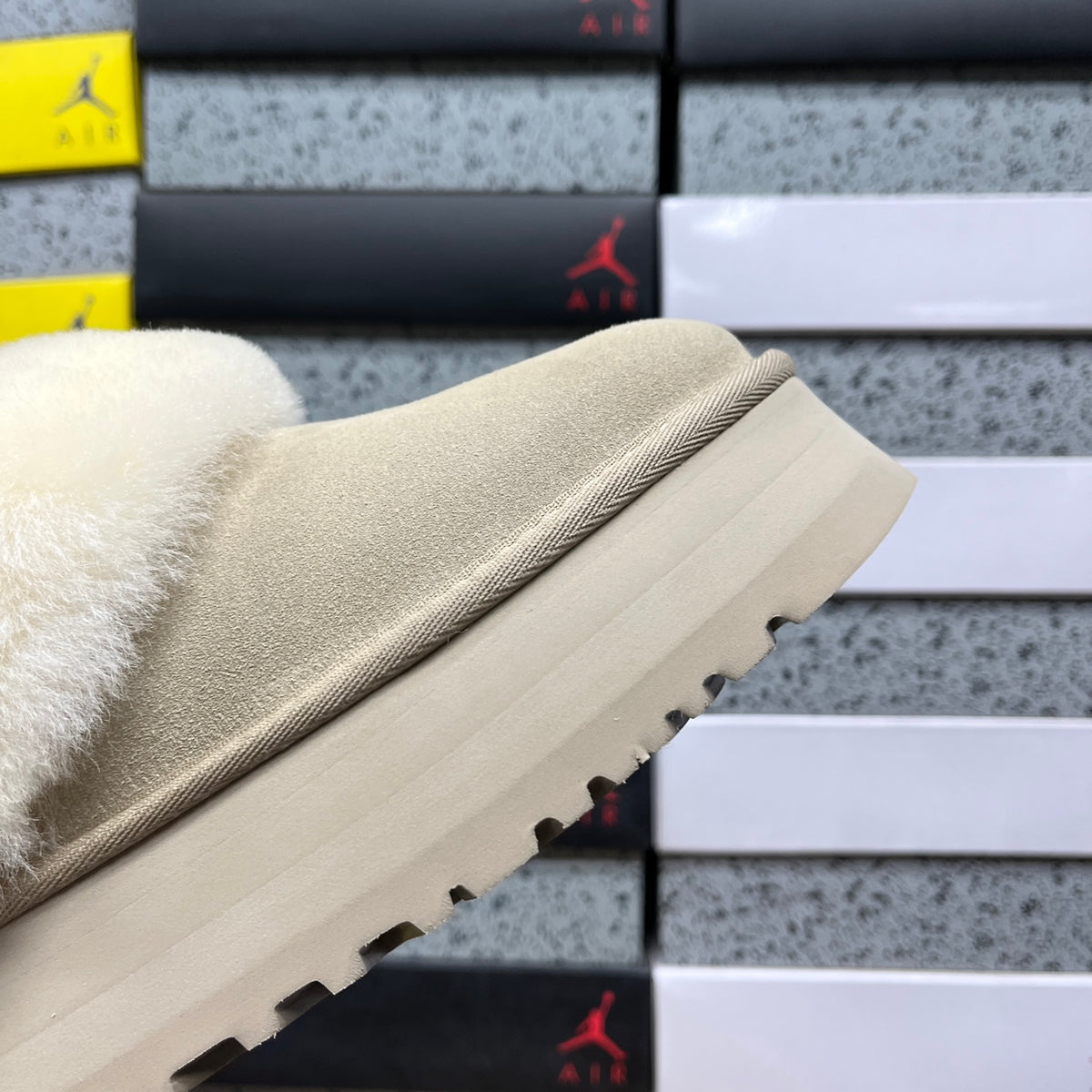 UGG Sand Platform Slip-Ons with Cream Plush Collar