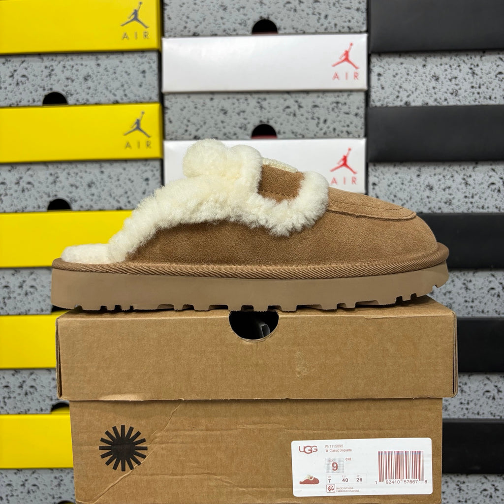 UGG Chestnut Embroidered Slippers with Cream Plush Trim