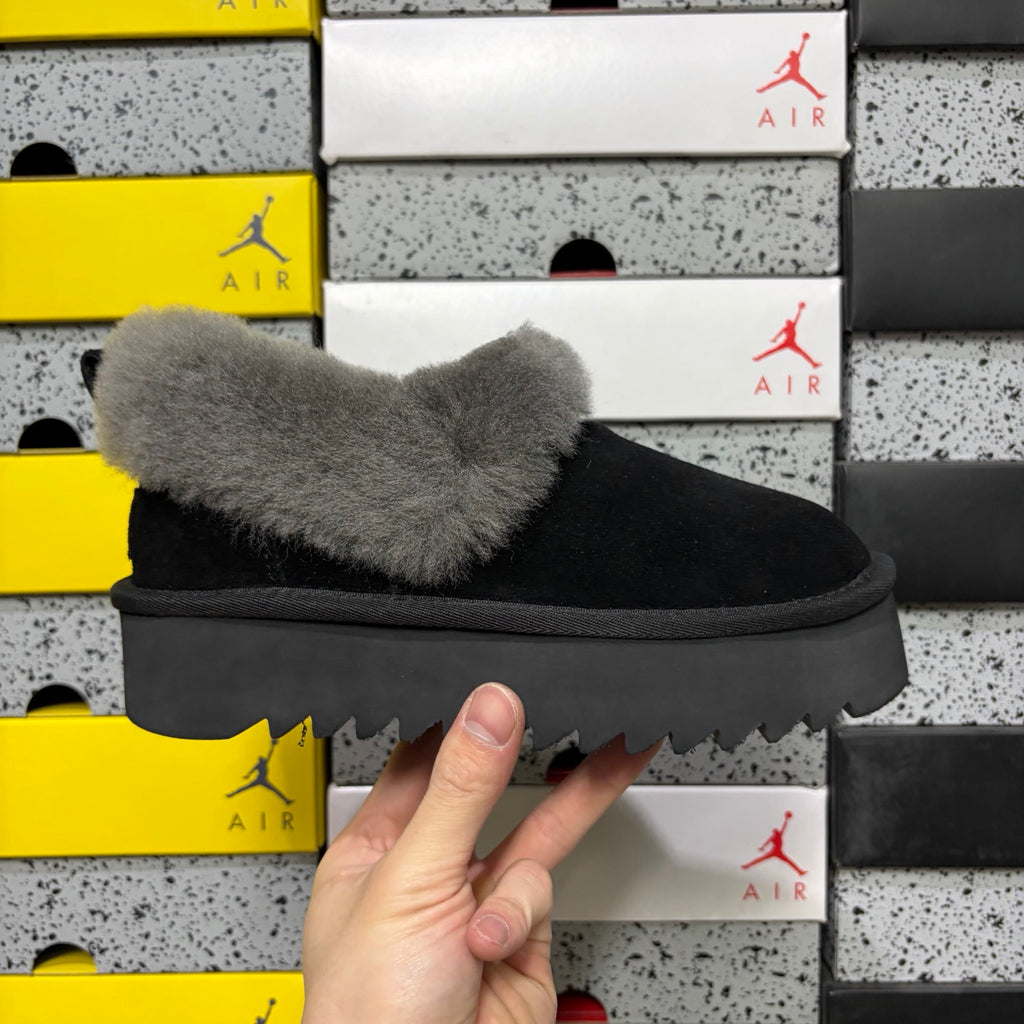 UGG Black Platform Slip-Ons with Gray Plush Collar