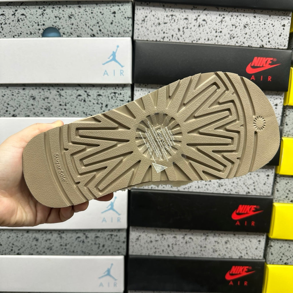 UGG Khaki Embroidered Slippers with Cream Plush Trim