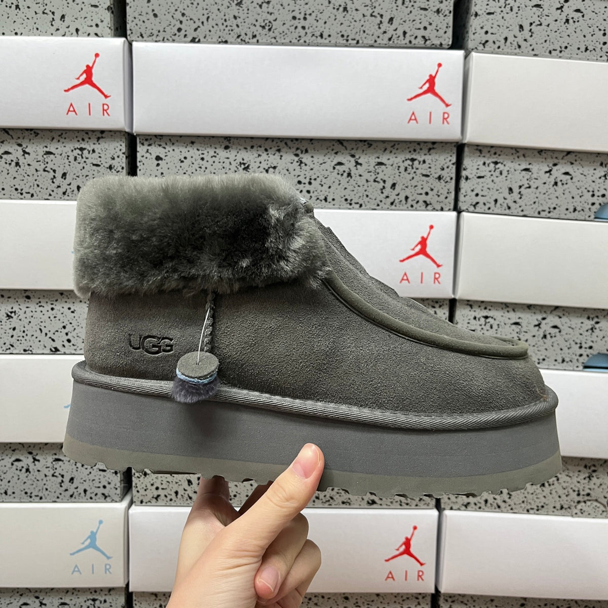 UGG Gray Platform Ankle Boots with Plush Cuff