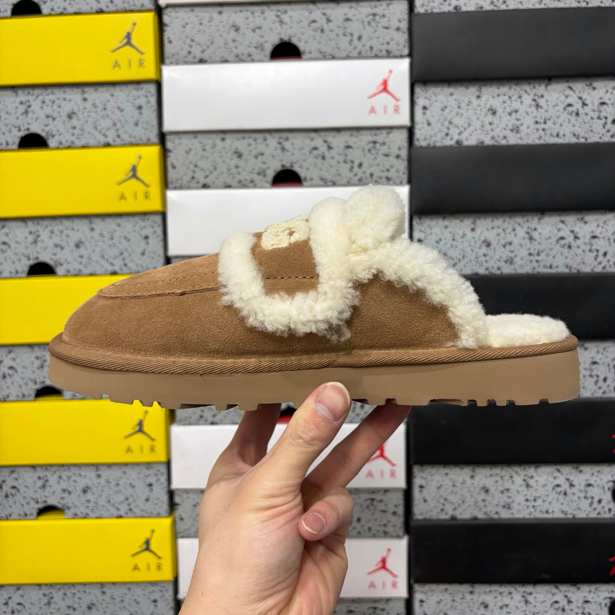 UGG Chestnut Embroidered Slippers with Cream Plush Trim