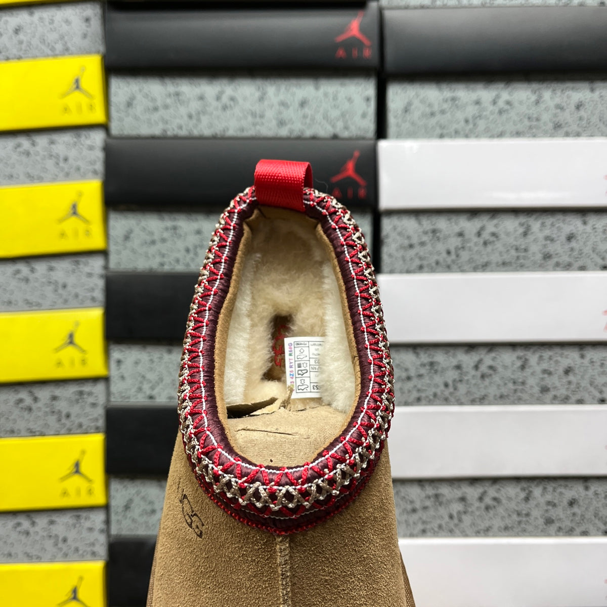 UGG Chestnut Platform Slippers with Red Woven Trim