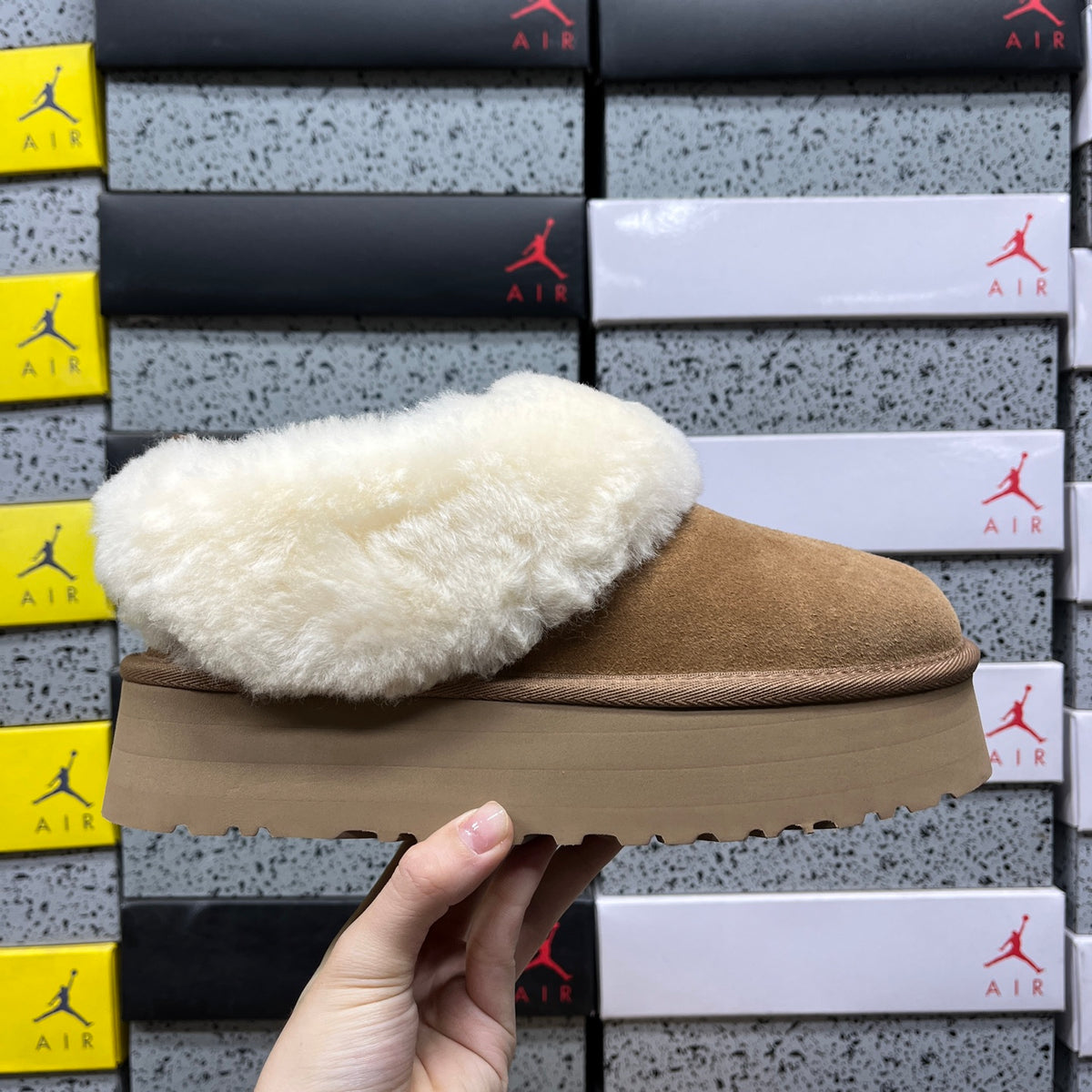 UGG Chestnut Platform Slip-Ons with Cream Plush Collar