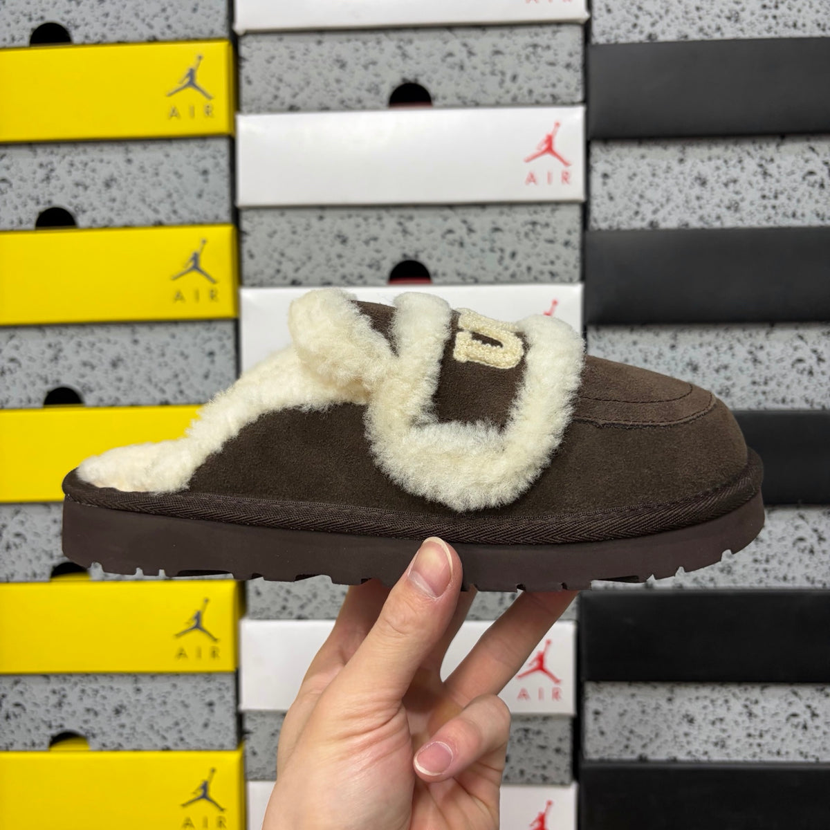 UGG Chocolate Embroidered Slippers with Cream Plush Trim
