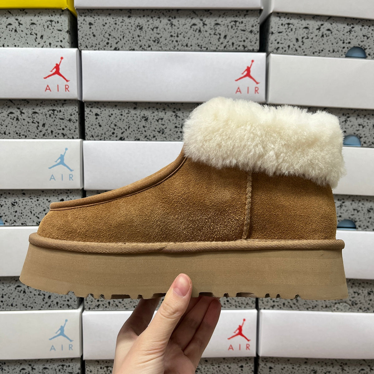 UGG Chestnut Platform Ankle Boots with Cream Plush Cuff