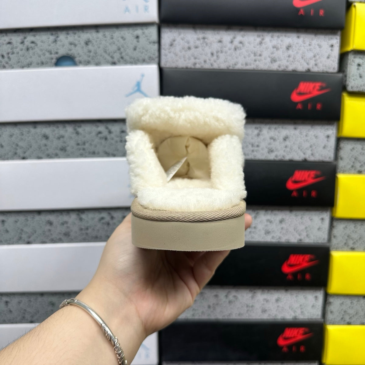 UGG Khaki Embroidered Slippers with Cream Plush Trim